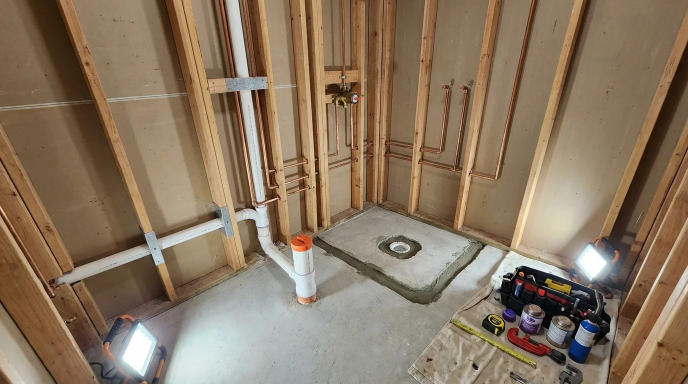 Bathroom rough-in plumbing during remodel by Johns Plumbing LLC in Meyersdale