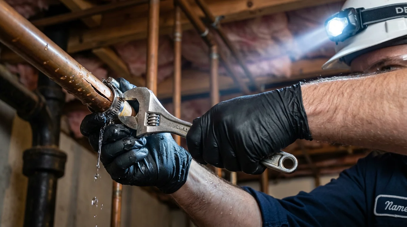 Emergency pipe clamp repair being performed by a Johns Plumbing LLC plumber in Meyersdale