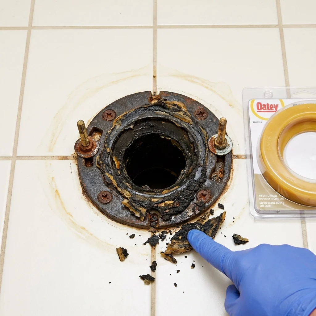 Failed wax ring showing water seepage at the base of a toilet in a Meyersdale, PA home