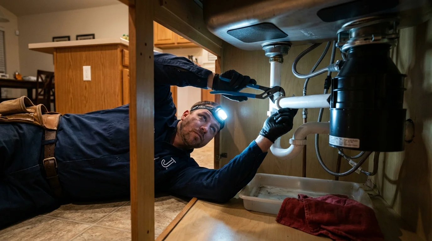 P-trap and supply line connections under a kitchen sink showing a common leak point in Meyersdale, PA
